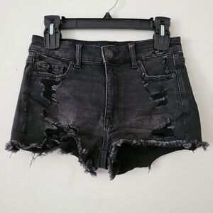 American Eagle Hi-Rise Shortie Black Distressed Shorts Raw Hem 4